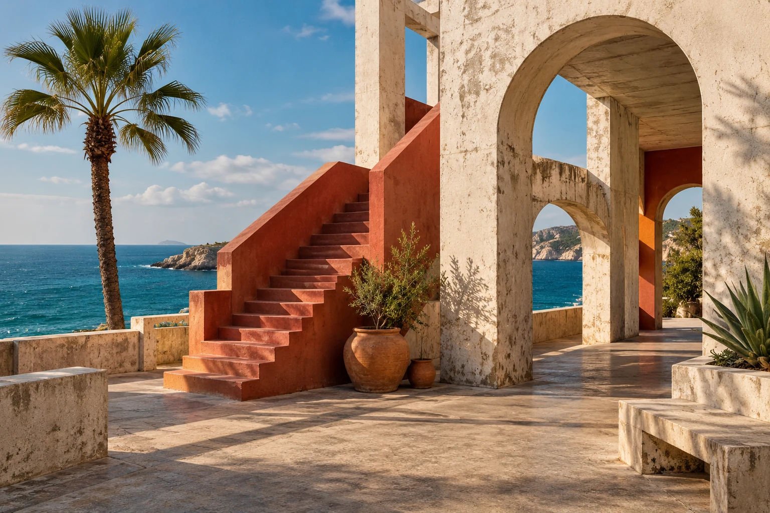 Sunlit seaside architecture, an AI-generated illustration used as a starting image